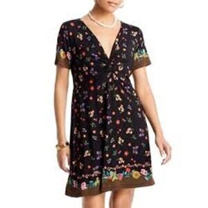 JOHNNY WAS Nani Twist Dress Printed V Neck STRETCHY COMFY CASUAL Large L Black